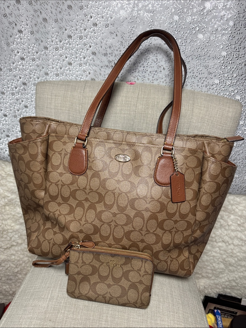 Coach Brown Signature Canvas Tote with Pouch